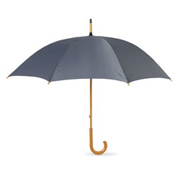Paraguas manual gris con puntas y mango curvo en madera