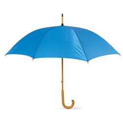 Paraguas manual azul con puntas y mango curvo en madera