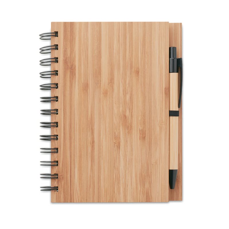 Libreta anillas con tapa bambú natural de hojas en papel reciclado y bolígrafo de bambú a juego 13x18cm · Koala Rojo, Merchandising promocional y personalizado