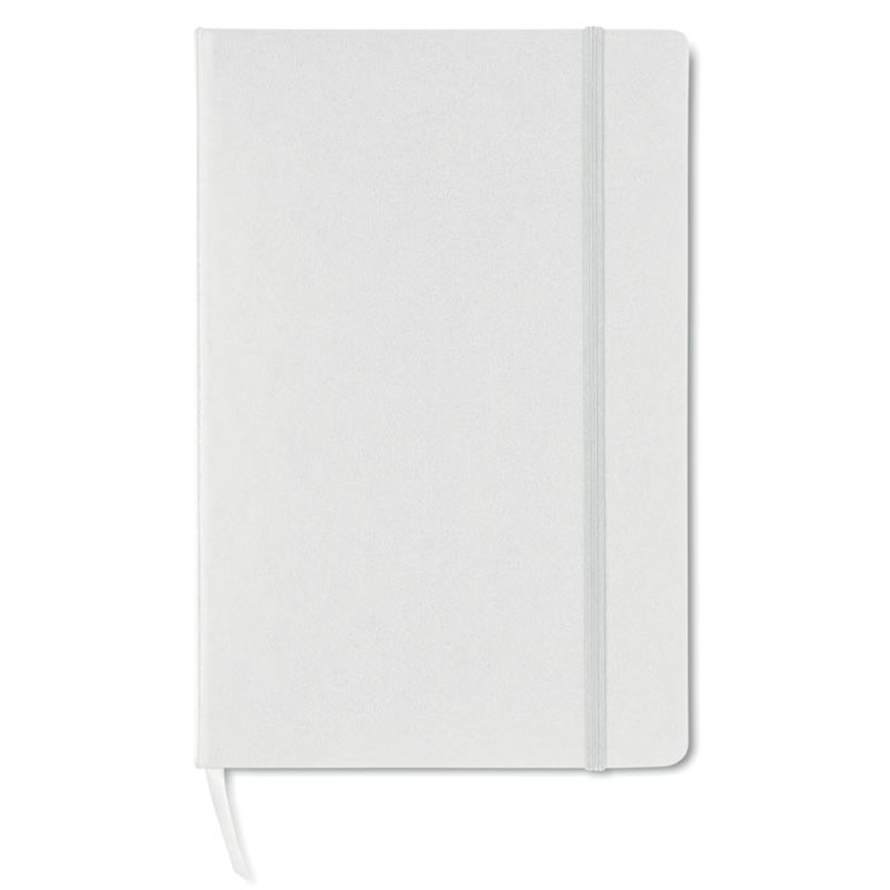 Cuaderno A5 tapa rígida blanca y banda elástica a juego con 96 hojas cuadriculadas