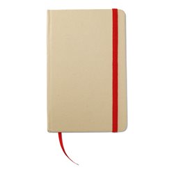 Cuaderno A6 con banda elástica rojo y tapa rígida en material reciclado