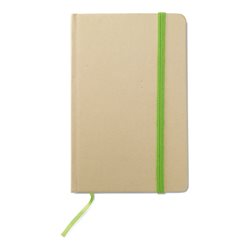 Cuaderno A6 con banda elástica verde y tapa rígida en material reciclado