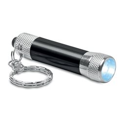 Llavero Mini linterna LED bicolor con cuerpo acabado en negro y aluminio