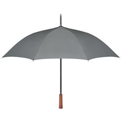 Paraguas en RPET gris con eje y varillas en fibra de vidrio y mango madera · Merchandising promocional de Lluvia · Koala Rojo