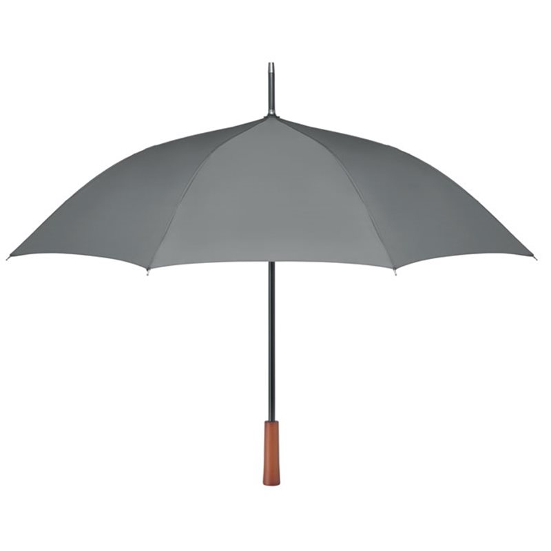 Paraguas en RPET gris con eje y varillas en fibra de vidrio y mango madera · Koala Rojo, Merchandising promocional y personalizado