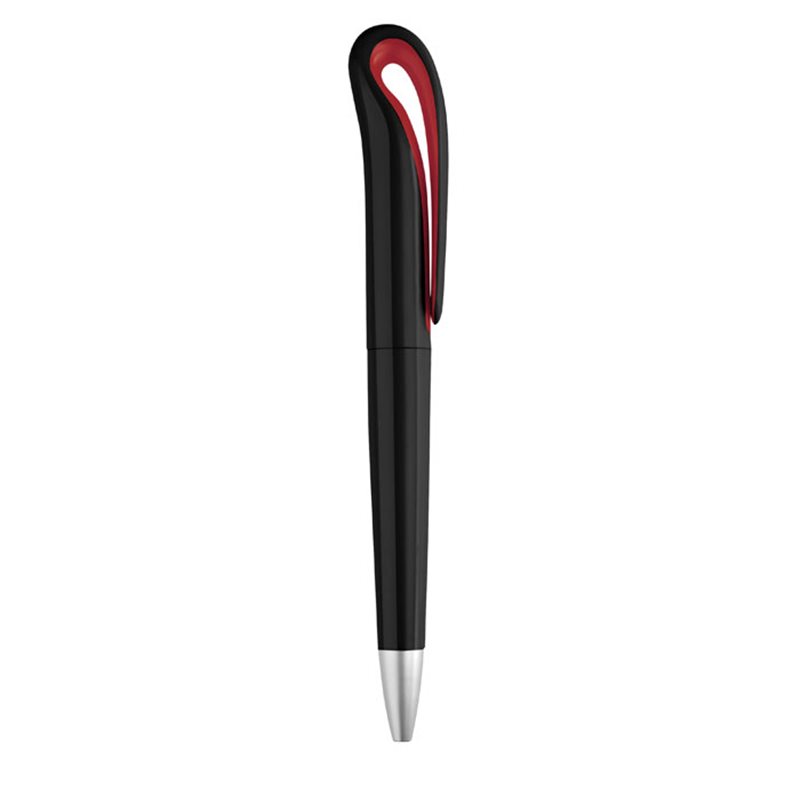 Bolígrafo giratorio negro con clip continuo curvo con detalle en rojo