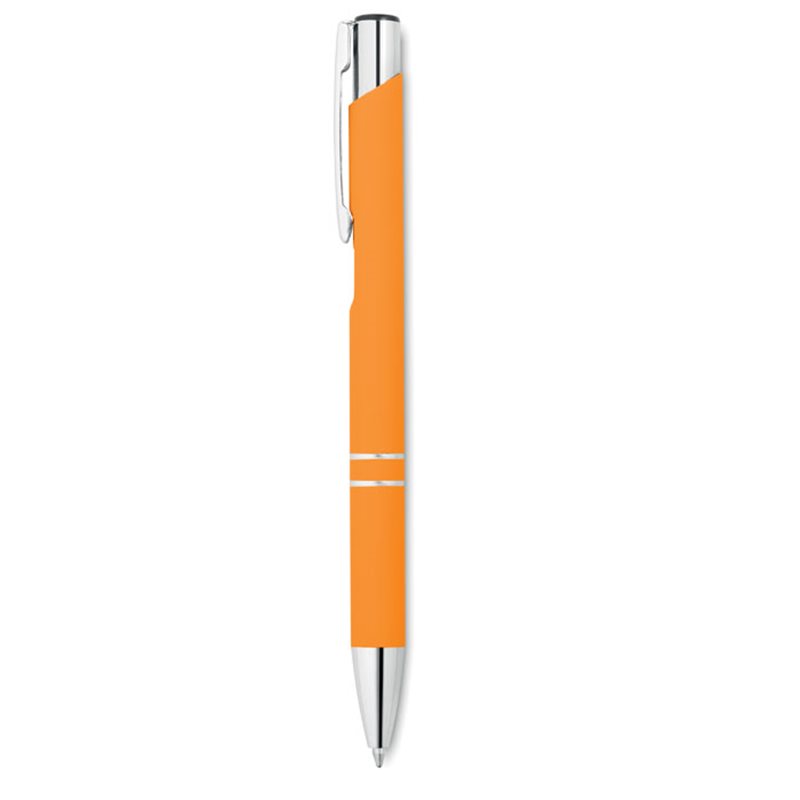 Bolígrafo acabado caucho naranja con detalles metálicos cromados