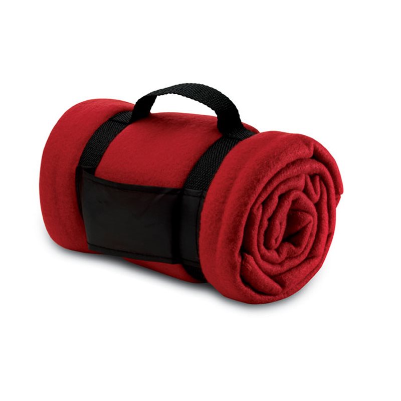Manta de viaje en forro polar rojo 150x120cm con asa de nylon en negro