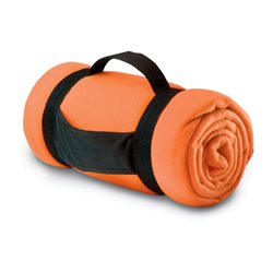 Manta de viaje en forro polar naranja 150x120cm con asa de nylon en negro