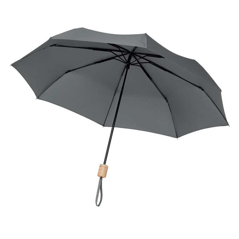 Paraguas plegable RPET gris con estructura metálica negra y mango en madera · Koala Rojo, Merchandising promocional y personalizado