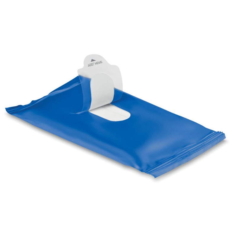 Sobre de 10 toallita húmedas en azul con apertura con adhesivo para dispensador de toallitas