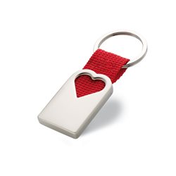 Llavero de metal con corazón troquelado tira de poliéster en rojo y anilla plana
