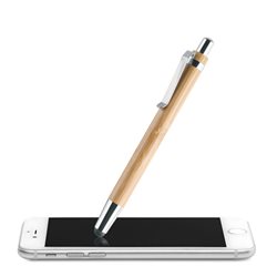Bolígrafo en bambú con clip metálico y puntero para pantallas táctiles
