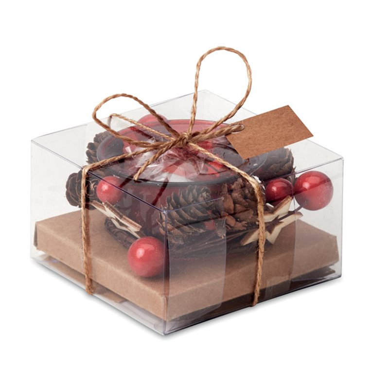 Portavelas rojo con ornamentos de navidad en caja de cartón y PVC · Koala Rojo, Merchandising promocional y personalizado