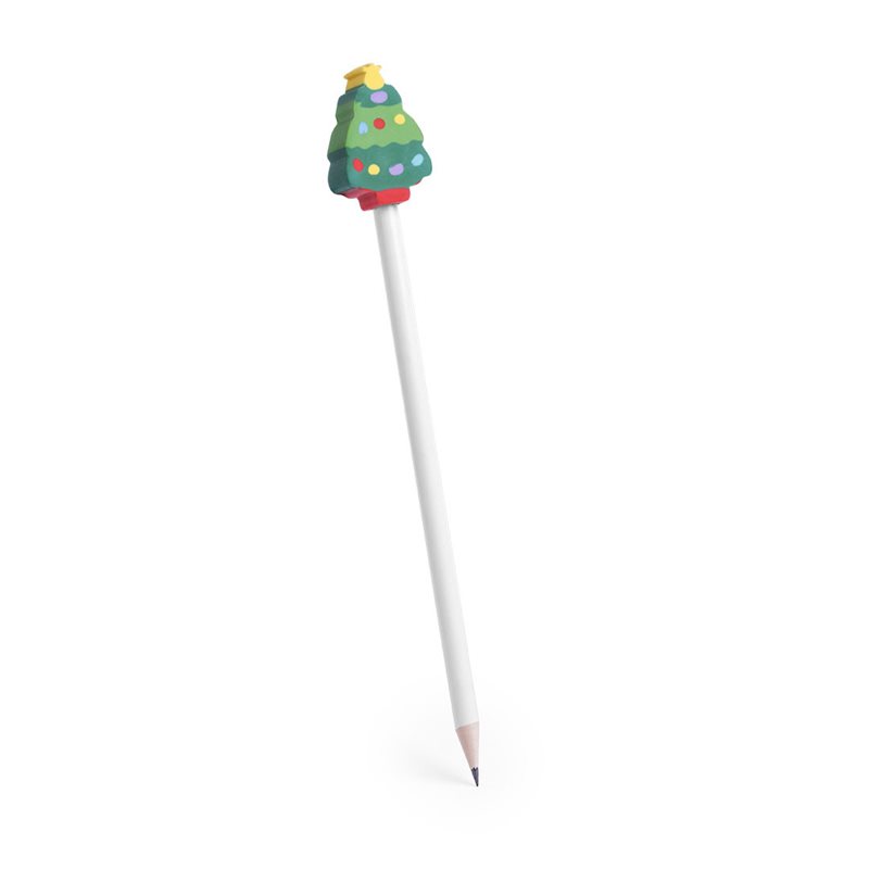 Lápiz blanco de madera con goma en forma de árbol de navidad · Koala Rojo, Merchandising promocional y personalizado