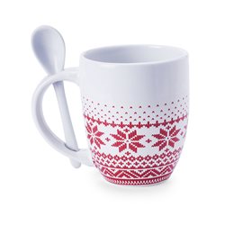 Taza de cerámica curva 370ml con cuchara en blanco y copos de nieve · Merchandising promocional de Fiestas y Celebraciones · Koala Rojo