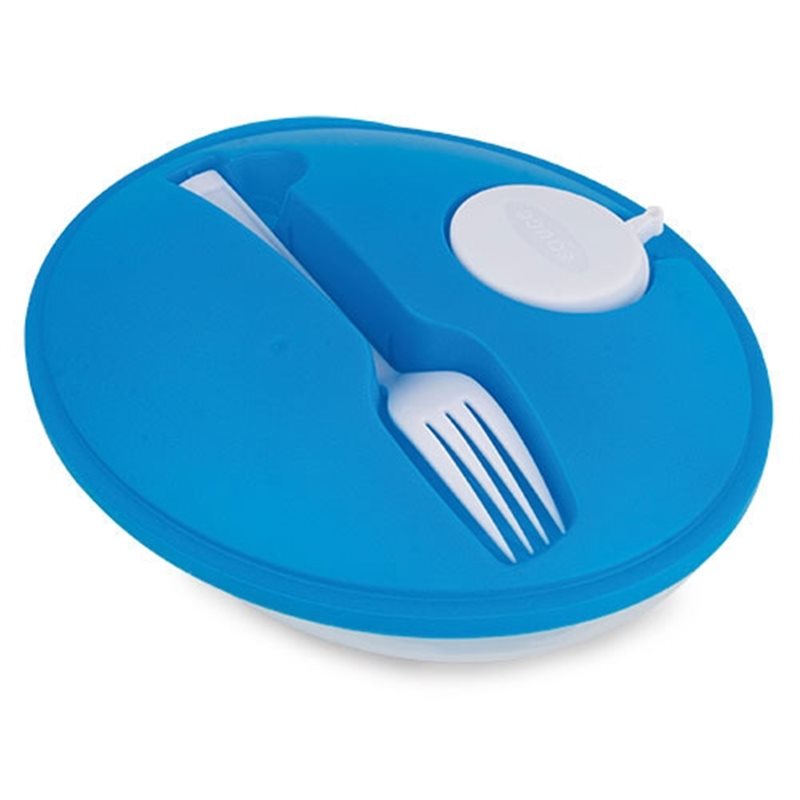 Fiambrera ensaladera ovalda azul con tenedor y salsera encajados en la tapa · Koala Rojo, Merchandising promocional y personalizado