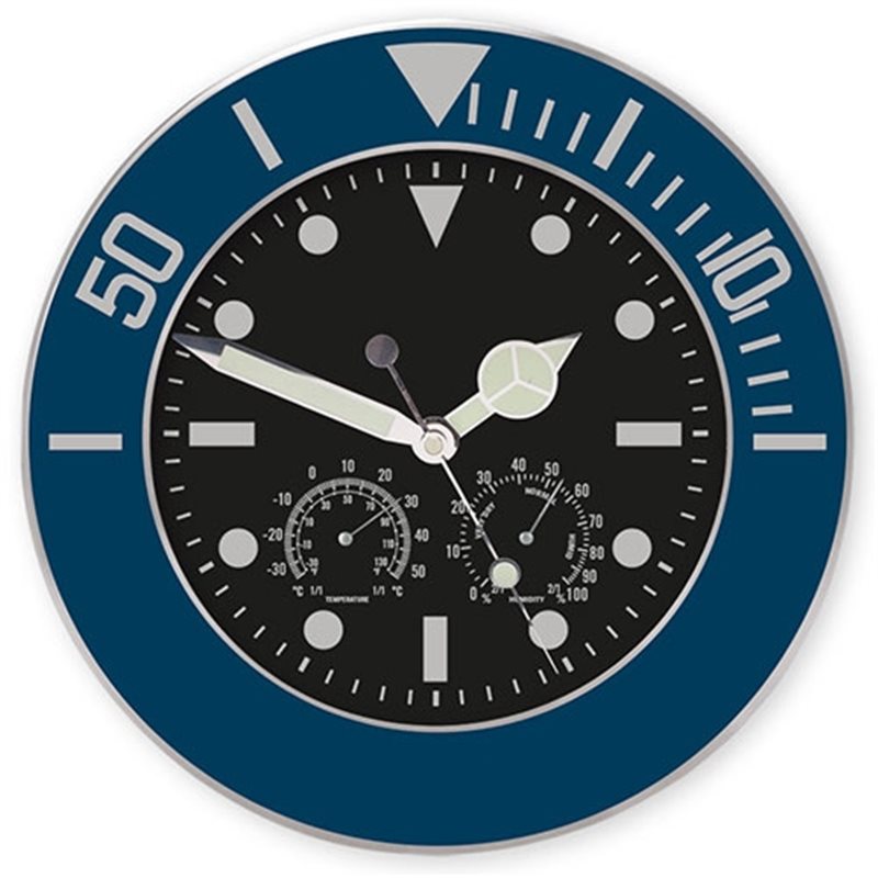 Reloj de pared azul con estación meteorológica indicador de temperatura y humedad · Koala Rojo, Merchandising promocional y personalizado