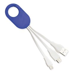 Cable cargador con mosquetón azul y conectores USB y Duo MicroUSB y Lighting · Merchandising promocional de Tecnología · Koala Rojo