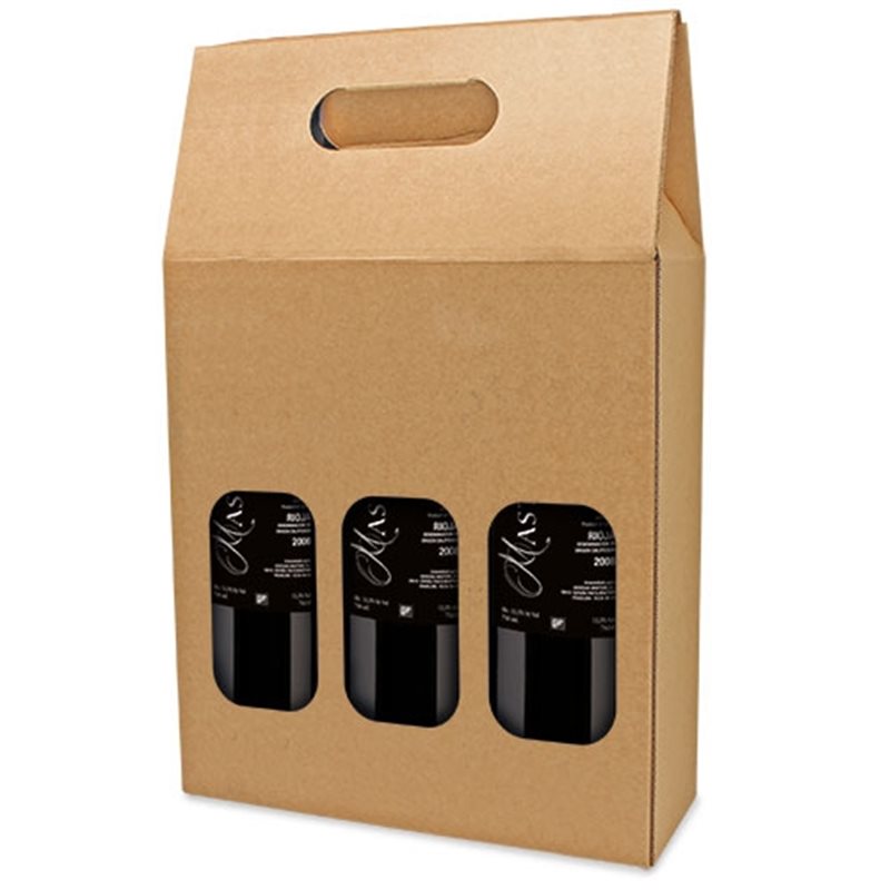 Caja de cartón para 3 botellas de vino con asa integrada y ventanas · Koala Rojo, Merchandising promocional y personalizado